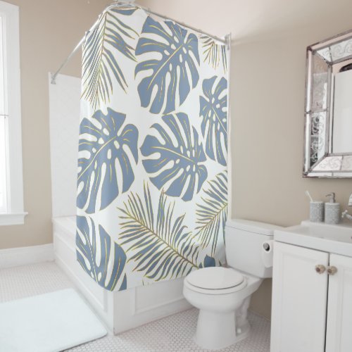 Dusty blue tropical leaves with gold outline shower curtain