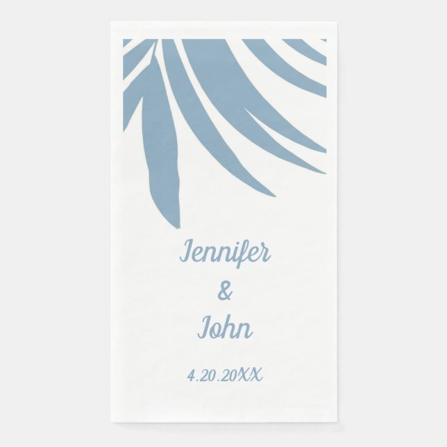 Dusty Blue Tropical Palm Leaf Beach Wedding Paper Guest Towels (Front)