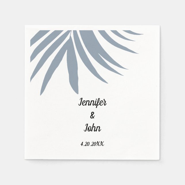 Dusty Blue Tropical Palm Leaf Elegant Cool Wedding Napkins (Front)