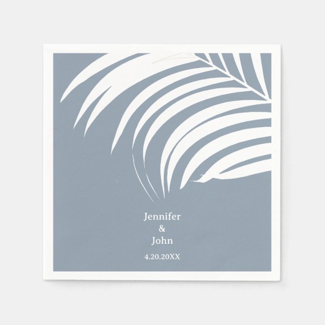 Dusty Blue Tropical Palm Leaves Elegant Wedding Napkins (Front)