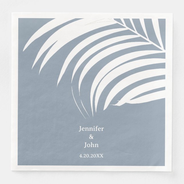 Dusty Blue Tropical Palm Leaves Elegant Wedding Paper Dinner Napkins (Front)