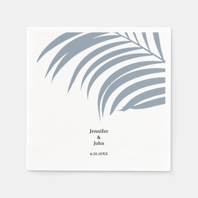 Dusty Blue Tropical Palm Leaves Trendy Wedding Napkins (Front)