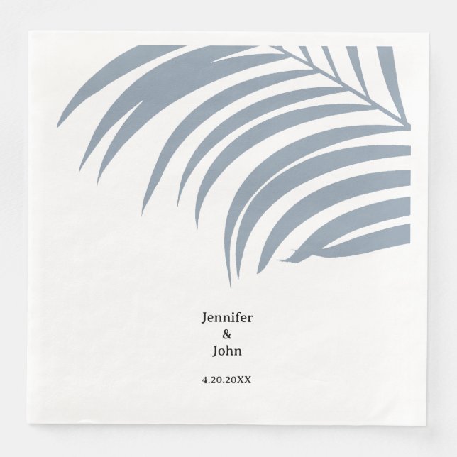 Dusty Blue Tropical Palm Leaves Trendy Wedding Paper Dinner Napkins (Front)