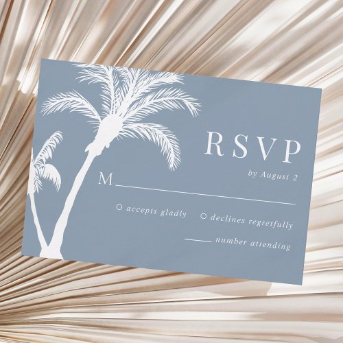 Dusty Blue Tropical Palm Tree Beach Wedding RSVP Card