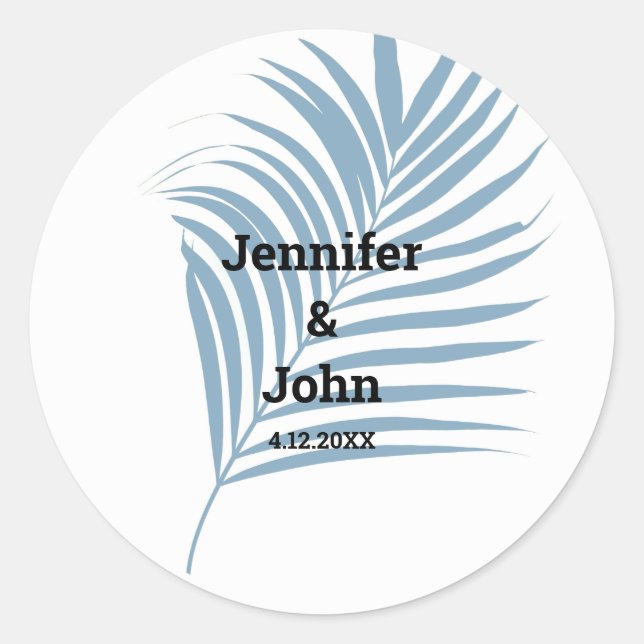 Dusty Blue Tropical Palm Tree Leaf Cute Wedding Classic Round Sticker (Front)