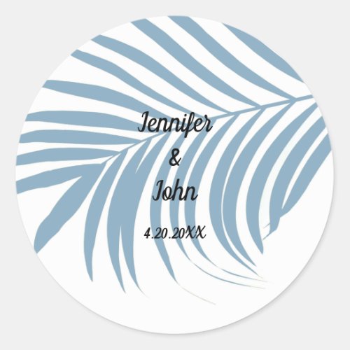 Dusty Blue Tropical Palm Tree Leaf Cute Wedding Classic Round Sticker