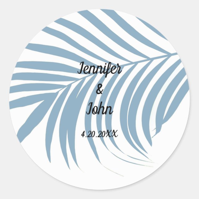Dusty Blue Tropical Palm Tree Leaf Cute Wedding Classic Round Sticker (Front)
