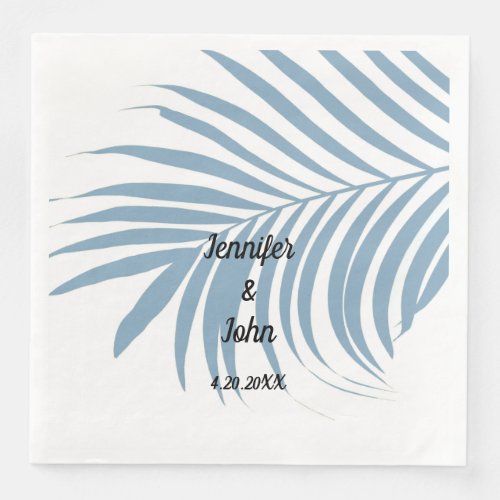 Dusty Blue Tropical Palm Tree Leaf Cute Wedding Paper Dinner Napkins