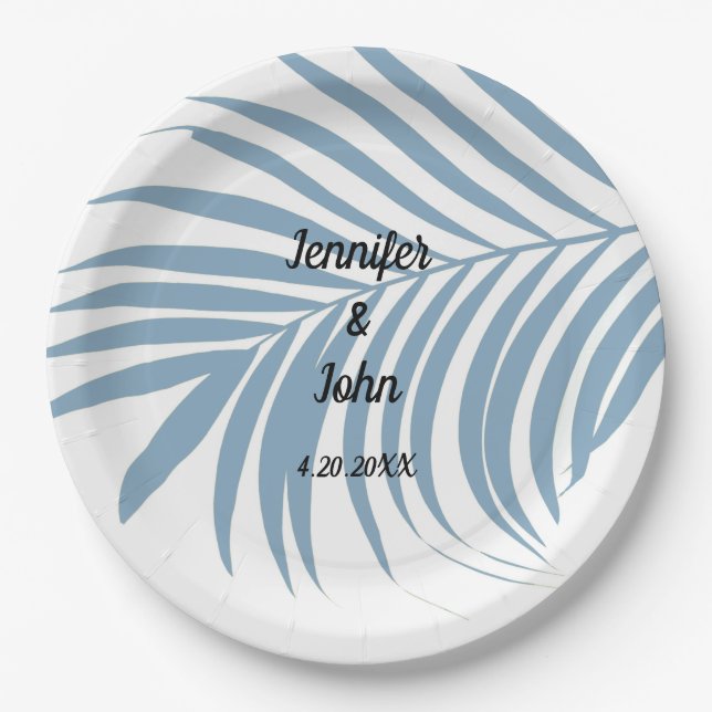 Dusty Blue Tropical Palm Tree Leaf Cute Wedding Paper Plates (Front)