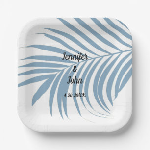 Dusty Blue Tropical Palm Tree Leaf Cute Wedding Paper Plates