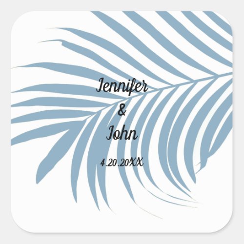 Dusty Blue Tropical Palm Tree Leaf Cute Wedding Square Sticker