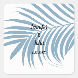 Dusty Blue Tropical Palm Tree Leaf Cute Wedding Square Sticker