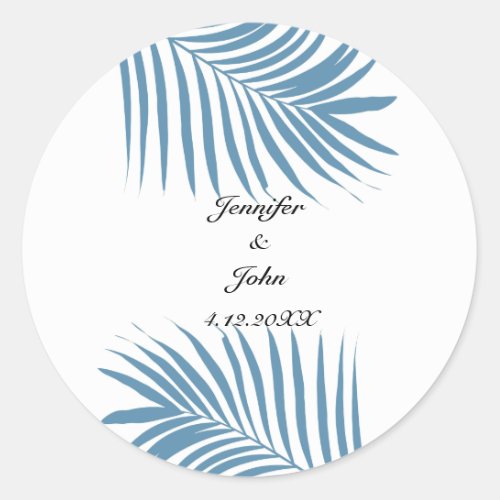 Dusty Blue Tropical Palm Tree Leaves Name Wedding Classic Round Sticker