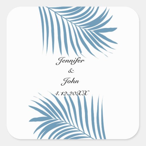 Dusty Blue Tropical Palm Tree Leaves Wedding Names Square Sticker