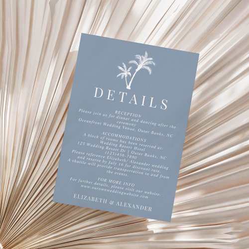 Dusty Blue Tropical Palm Tree Wedding Details Enclosure Card