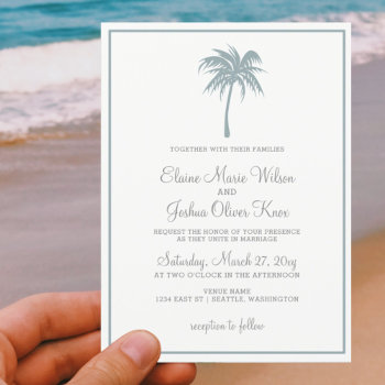 Dusty Blue Tropical Palm Tree Wedding Invitations by blessedwedding at Zazzle