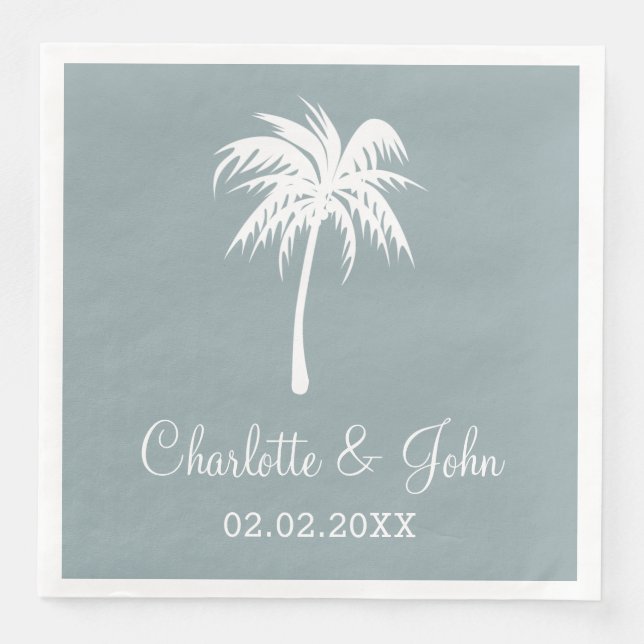 Dusty Blue Tropical Palm Tree Wedding Napkins (Front)
