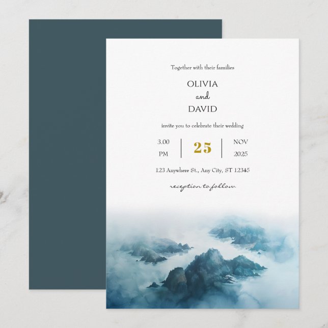 Dusty Blue Tropical Seaside Island Beach Wedding  Invitation (Front/Back)