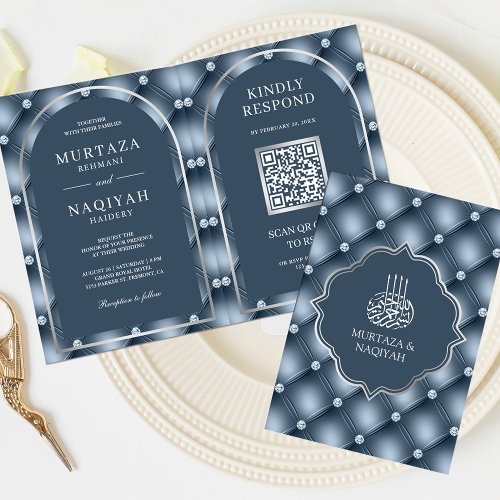 Dusty Blue Tufted Pattern QR Code Muslim Wedding Invitation