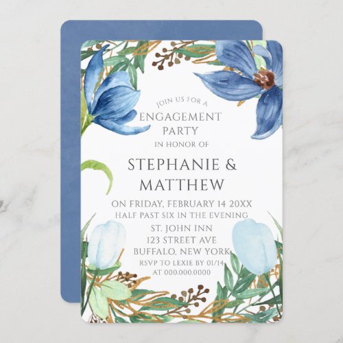 Dusty Blue Tulip Painted Peony Engagement Party Invitation