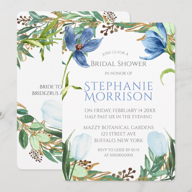 Dusty Blue Tulip Peony Bridal Shower Invitations (Front/Back)