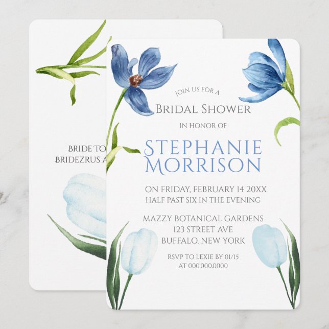 Dusty Blue Tulip Peony Bridal Shower Invitations (Front/Back)
