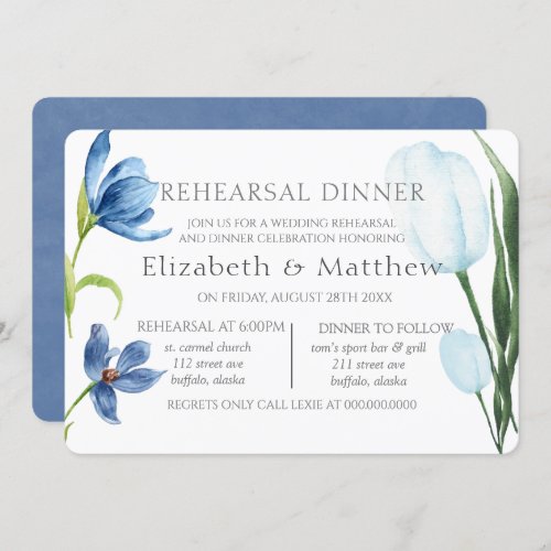 Dusty Blue Tulip Watercolor Peony Rehearsal Dinner Invitation