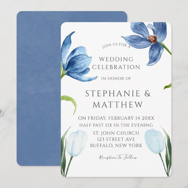 Dusty Blue Tulip Watercolor Peony Wedding Invitation (Front/Back)