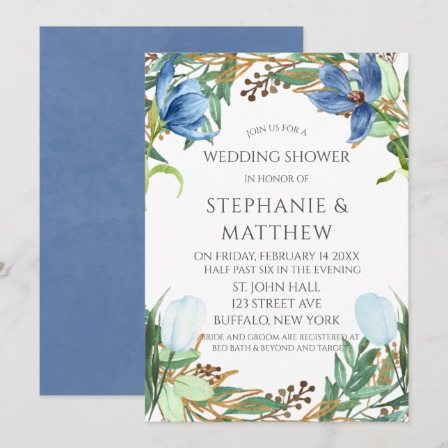 Dusty Blue Tulip Watercolor Peony Wedding Shower Invitation (Front/Back)