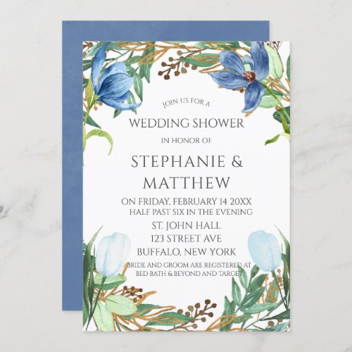 Dusty Blue Tulip Watercolor Peony Wedding Shower Invitation