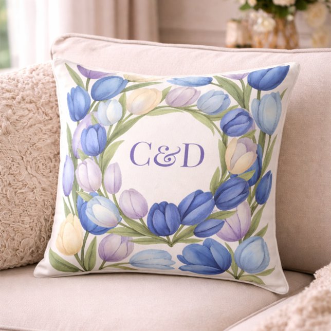 Dusty Blue Tulip Wreath Bride Groom Pillow (Creator Uploaded)