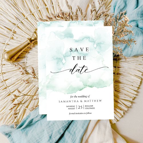 Dusty Blue Turquoise and Green Watercolor Save The Date