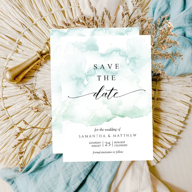 Dusty Blue, Turquoise and Green Watercolor Save The Date