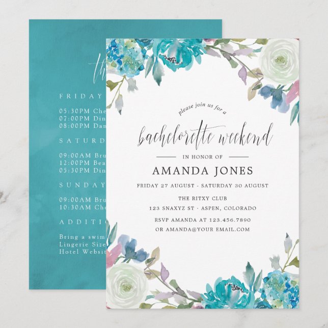 Dusty Blue & Turquoise Floral Bachelorette Weekend Invitation (Front/Back)