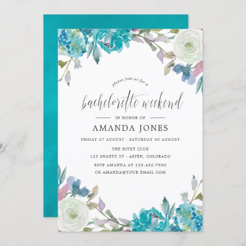 Dusty Blue  Turquoise Floral Bachelorette Weekend Invitation