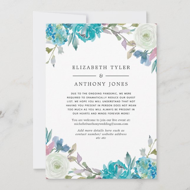 Dusty Blue & Turquoise Reduced Wedding Guest List Announcement (Front)