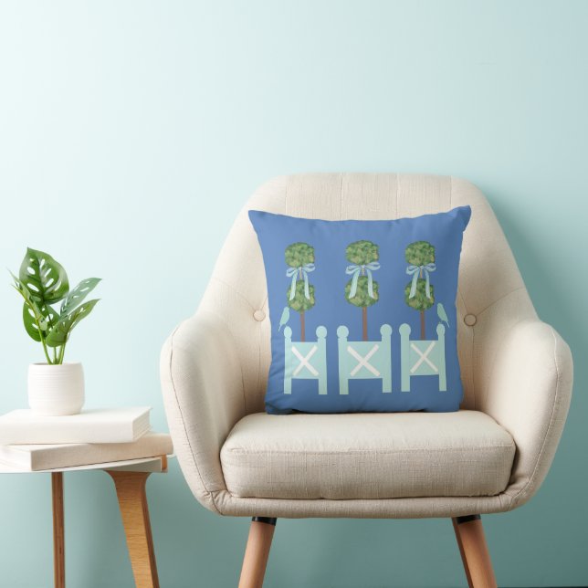 Dusty Blue Turquoise Topiary Bird Throw Pillow (Chair)