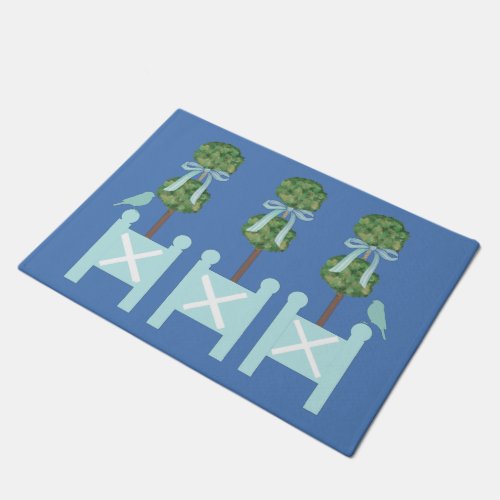 Dusty Blue Turquoise Topiary Bird Throw Pillow Doormat
