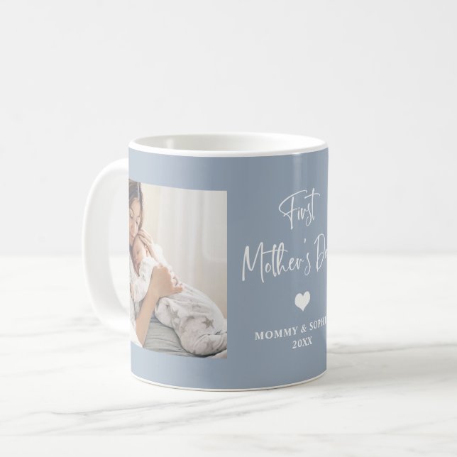 Dusty Blue | Two Photo Script First Mother's Day Coffee Mug (Front Left)