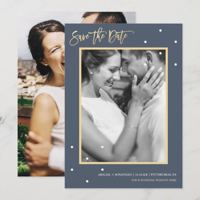 Dusty Blue Two Photo with Dots Save the Date (Front/Back)