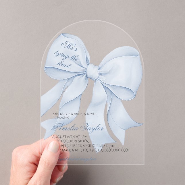 Dusty Blue Tying Knot Bridal Shower Acrylic Invitations (Insitu (Handheld))