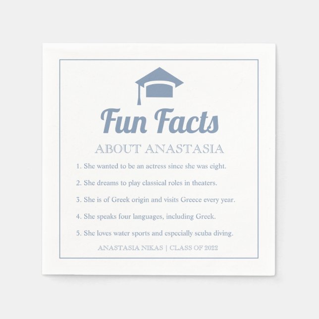 Dusty blue typography Fun Facts graduation cap Napkins (Front)