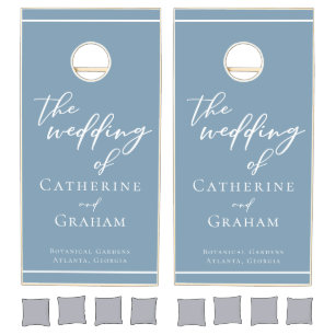 Dusty Blue Typography Personalized Coastal Wedding Cornhole Set