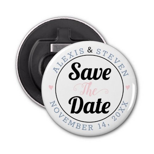 Dusty blue typography pink hearts Save the Date Bottle Opener