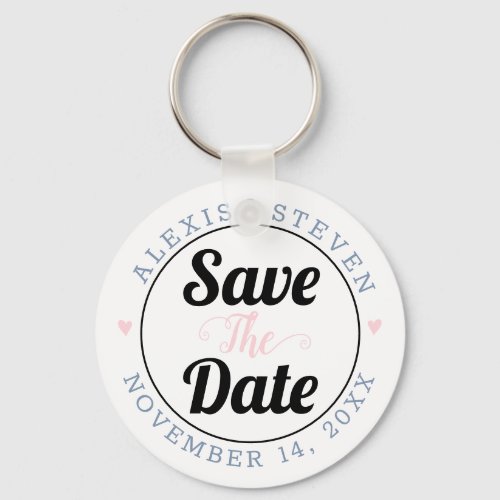 Dusty blue typography pink hearts Save the Date Keychain