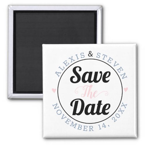 Dusty blue typography pink hearts Save the Date Magnet