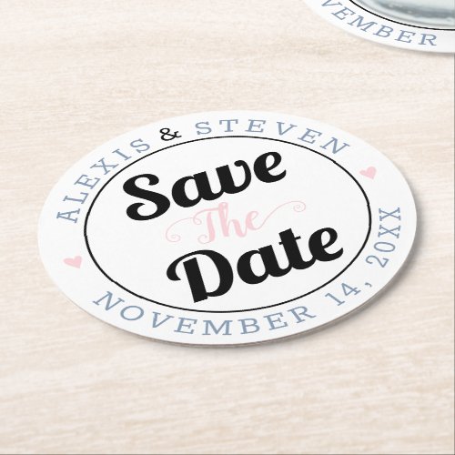 Dusty blue typography pink hearts Save the Date Round Paper Coaster