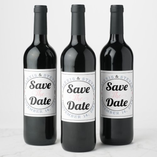 Dusty blue typography pink hearts Save the Date Wine Label