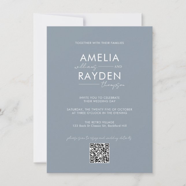 Dusty Blue Typography Script Photo QR Code Wedding Invitation (Front)