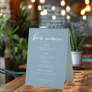 Dusty Blue Typography Wedding Bar Menu Table Tent